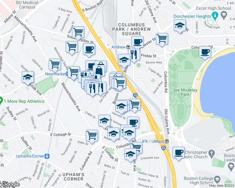 map of restaurants, bars, coffee shops, grocery stores, and more near Boston Street & Howell Street in Boston