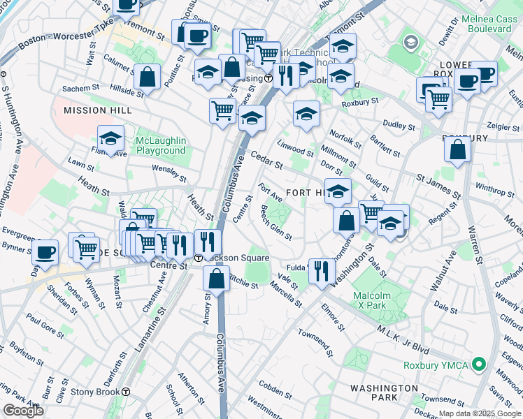 map of restaurants, bars, coffee shops, grocery stores, and more near 21 Beech Glen Street in Boston