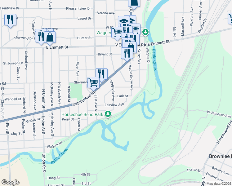 map of restaurants, bars, coffee shops, grocery stores, and more near 44 Magnolia Avenue in Battle Creek