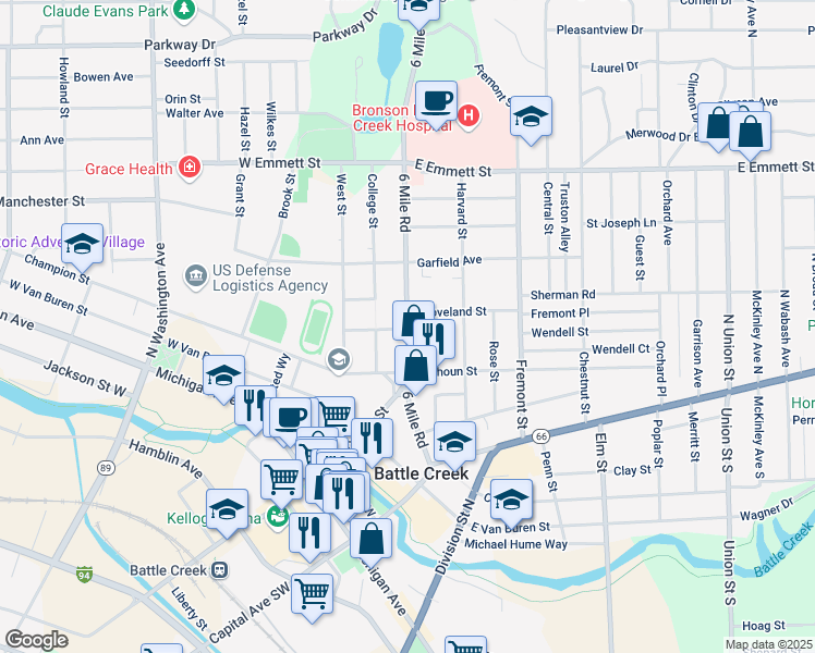 map of restaurants, bars, coffee shops, grocery stores, and more near 139 North Avenue in Battle Creek