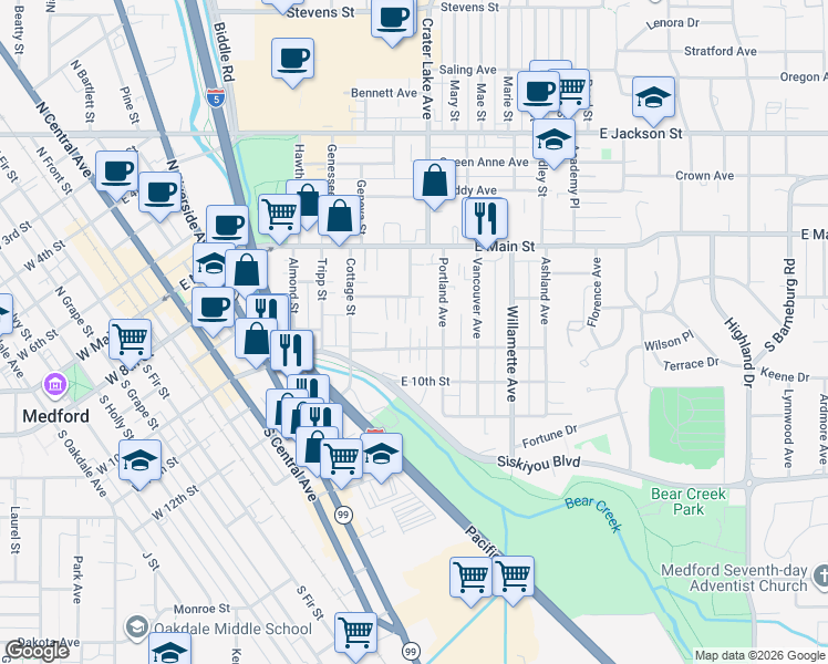 map of restaurants, bars, coffee shops, grocery stores, and more near 851 East 9th Street in Medford