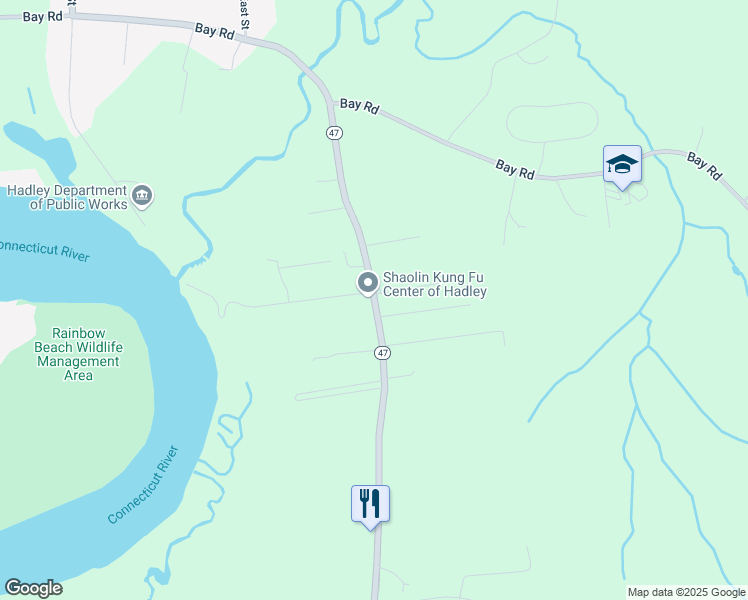 map of restaurants, bars, coffee shops, grocery stores, and more near 33 Lawrence Plain Road in Hadley