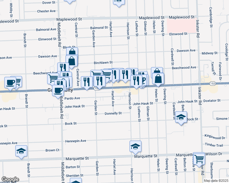 map of restaurants, bars, coffee shops, grocery stores, and more near 28545 Ford Road in Garden City