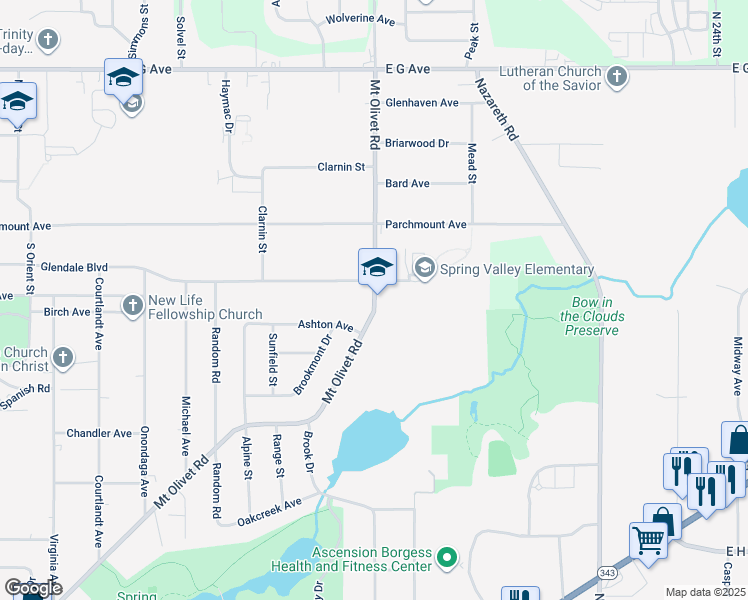 map of restaurants, bars, coffee shops, grocery stores, and more near 3530 Mount Olivet Road in Kalamazoo
