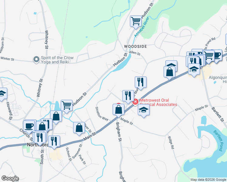 map of restaurants, bars, coffee shops, grocery stores, and more near 24 Warren Drive in Northborough