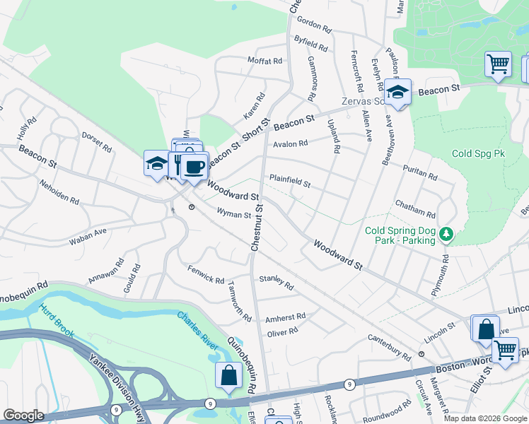 map of restaurants, bars, coffee shops, grocery stores, and more near 712 Chestnut Street in Newton