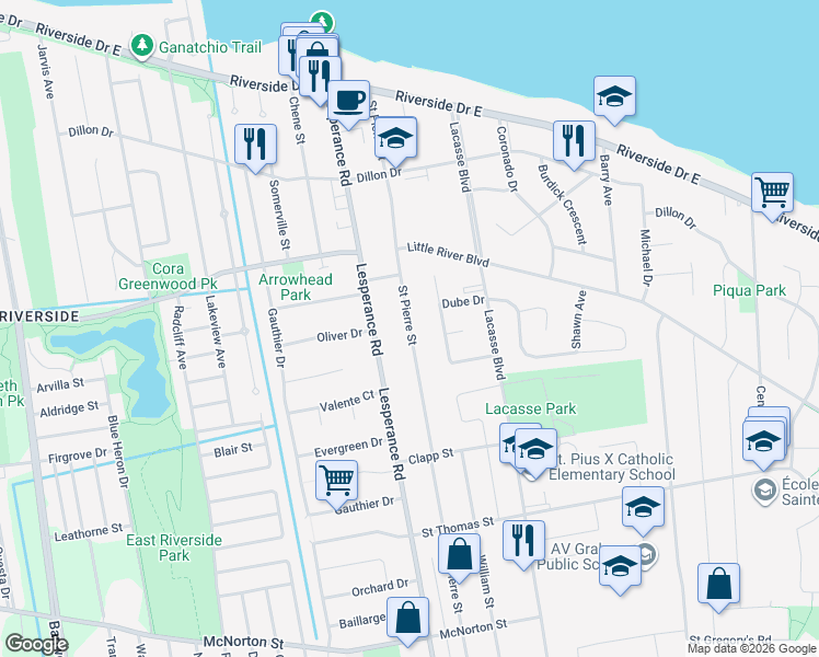 map of restaurants, bars, coffee shops, grocery stores, and more near 405 Saint Pierre Street in Windsor