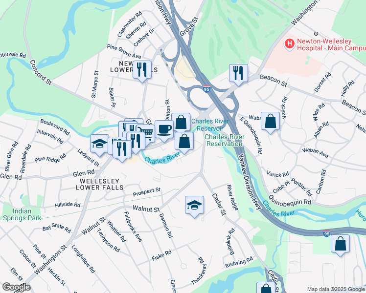 map of restaurants, bars, coffee shops, grocery stores, and more near 2300 Washington Street in Newton