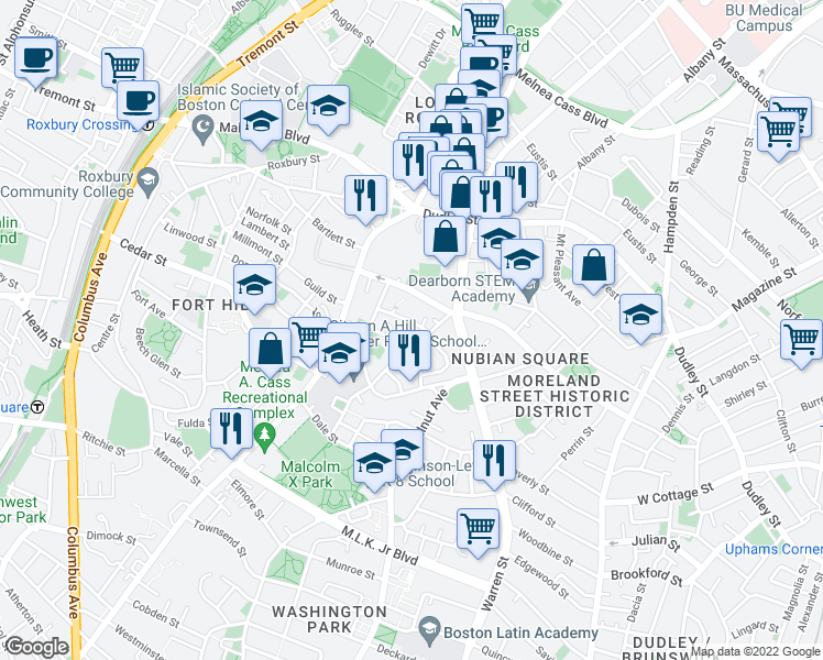 map of restaurants, bars, coffee shops, grocery stores, and more near 19 Akron Street in Boston
