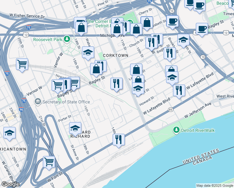 map of restaurants, bars, coffee shops, grocery stores, and more near 1914-1998 Porter St in Detroit