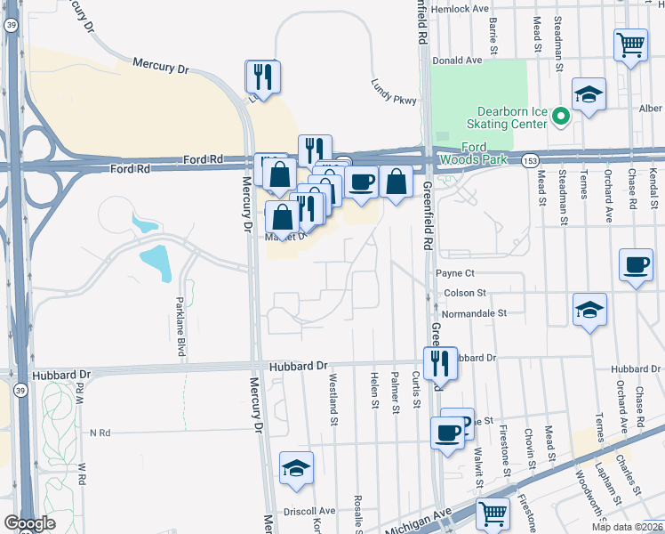 map of restaurants, bars, coffee shops, grocery stores, and more near 5141 Heather Drive in Dearborn