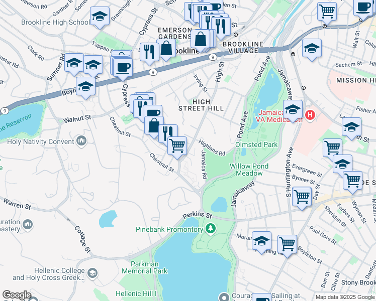 map of restaurants, bars, coffee shops, grocery stores, and more near 191 High Street in Brookline