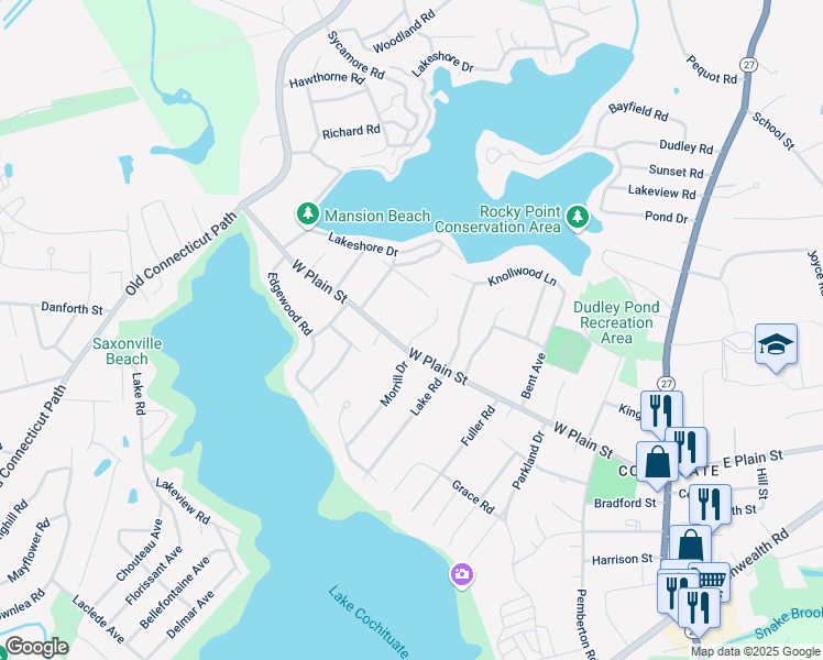map of restaurants, bars, coffee shops, grocery stores, and more near 4 Bogren Lane in Wayland