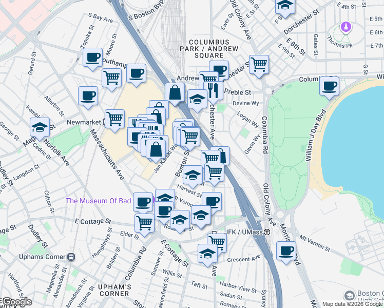 map of restaurants, bars, coffee shops, grocery stores, and more near 26 Washburn Street in Boston
