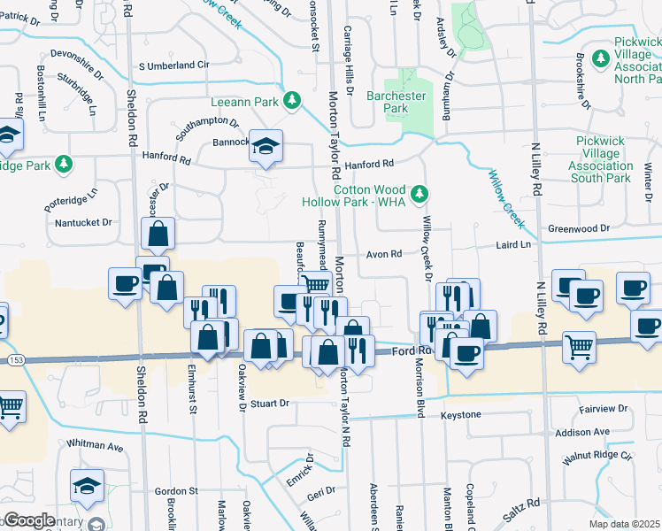 map of restaurants, bars, coffee shops, grocery stores, and more near 5974 Runnymeade Drive in Canton