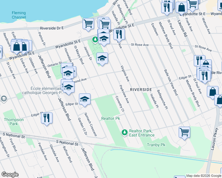 map of restaurants, bars, coffee shops, grocery stores, and more near 1071 Coventry Court in Windsor