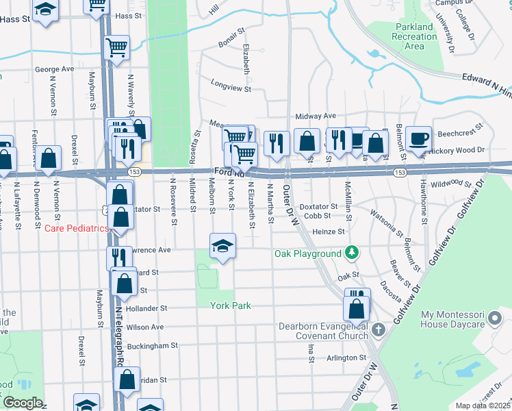 map of restaurants, bars, coffee shops, grocery stores, and more near 2000 North Elizabeth Street in Dearborn