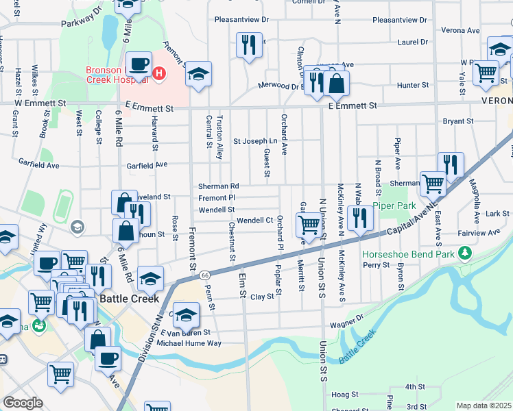 map of restaurants, bars, coffee shops, grocery stores, and more near 101 Wendell Street in Battle Creek