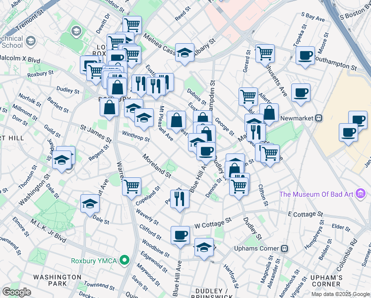 map of restaurants, bars, coffee shops, grocery stores, and more near 98 Mount Pleasant Avenue in Boston