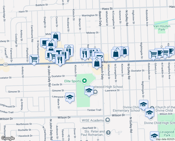 map of restaurants, bars, coffee shops, grocery stores, and more near 26001 Ford Road in Dearborn Heights