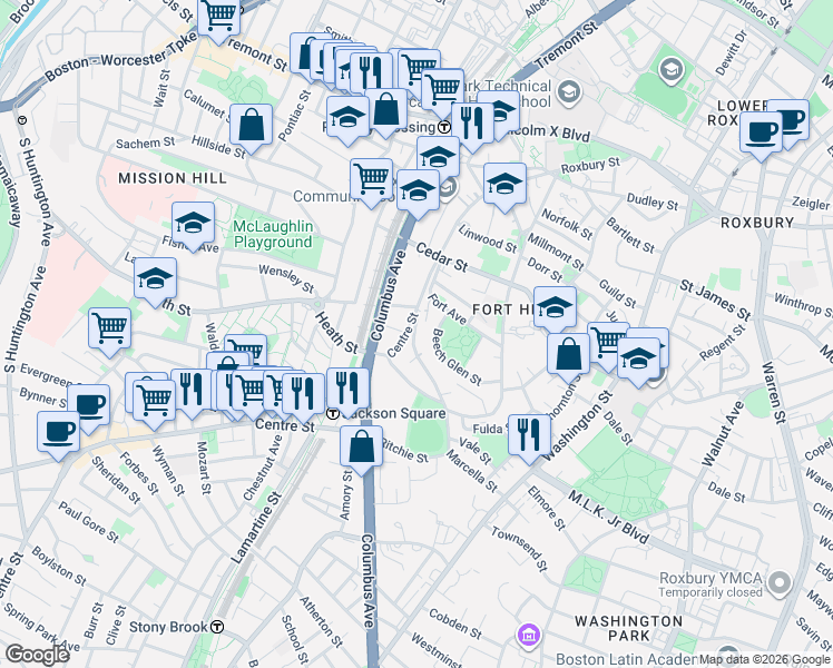 map of restaurants, bars, coffee shops, grocery stores, and more near 147 Marcella Street in Boston