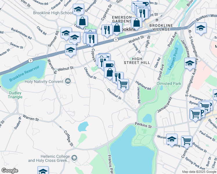 map of restaurants, bars, coffee shops, grocery stores, and more near 110 Chestnut Street in Brookline