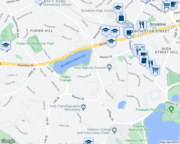 map of restaurants, bars, coffee shops, grocery stores, and more near 20 Dudley Street in Brookline