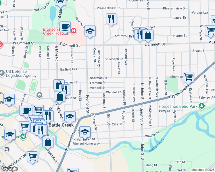 map of restaurants, bars, coffee shops, grocery stores, and more near 88 Chestnut Street in Battle Creek