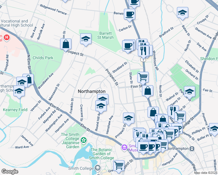 map of restaurants, bars, coffee shops, grocery stores, and more near 76 Crescent Street in Northampton