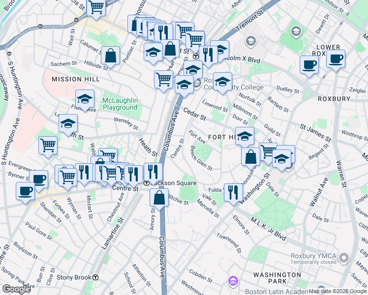 map of restaurants, bars, coffee shops, grocery stores, and more near 147 Marcella Street in Boston