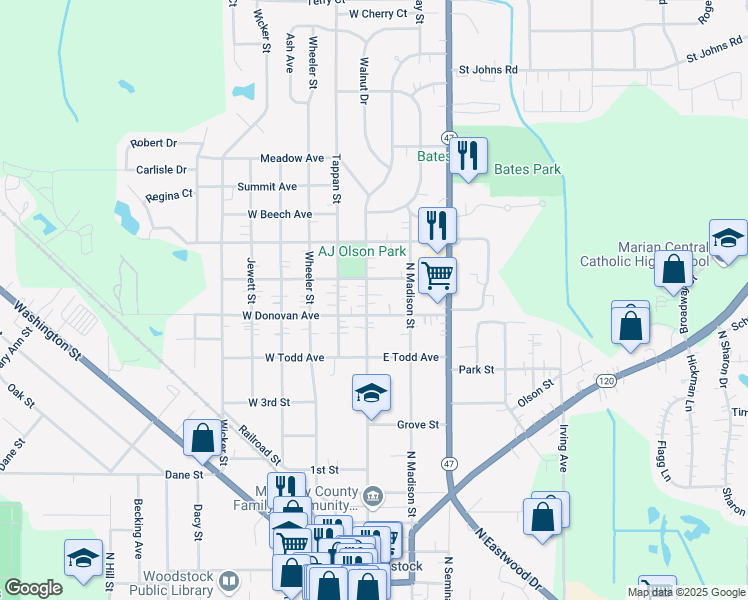 map of restaurants, bars, coffee shops, grocery stores, and more near 1014 Clay Street in Woodstock