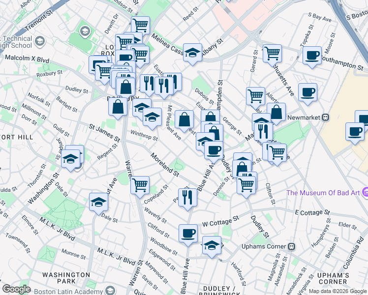 map of restaurants, bars, coffee shops, grocery stores, and more near 5 Fairland Street in Boston