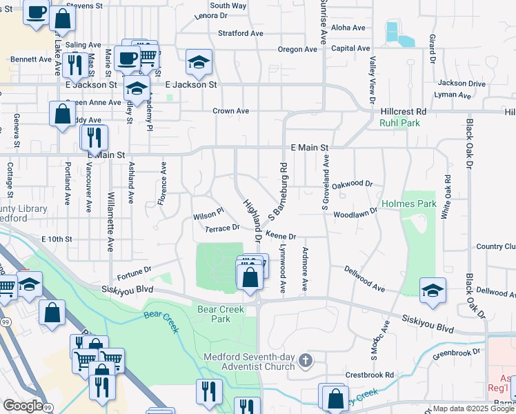 map of restaurants, bars, coffee shops, grocery stores, and more near 147 Highland Drive in Medford