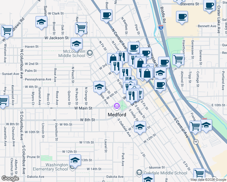 map of restaurants, bars, coffee shops, grocery stores, and more near 310 West 6th Street in Medford