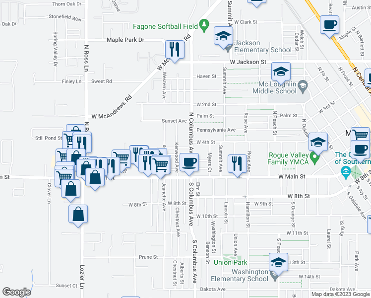 map of restaurants, bars, coffee shops, grocery stores, and more near 1207 Locust Street in Medford