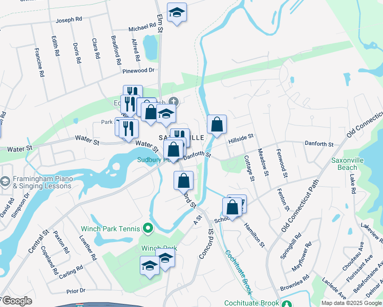 map of restaurants, bars, coffee shops, grocery stores, and more near 18 Danforth Street in Framingham