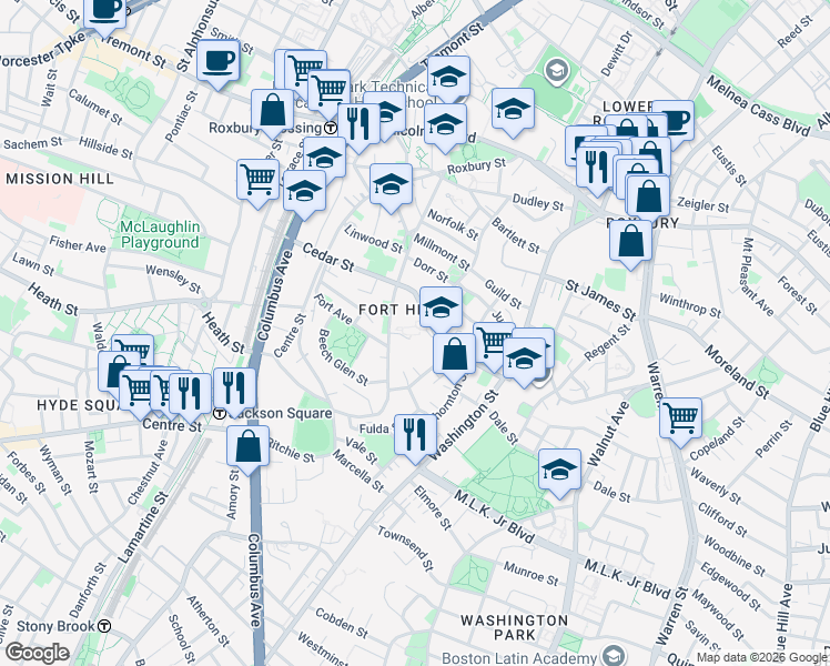 map of restaurants, bars, coffee shops, grocery stores, and more near 58-80A Cedar Street in Boston