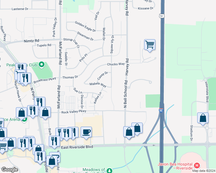 map of restaurants, bars, coffee shops, grocery stores, and more near 7352 Mabels Way in Loves Park