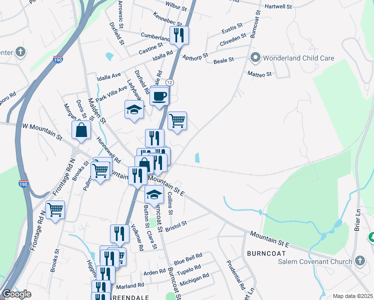 map of restaurants, bars, coffee shops, grocery stores, and more near 585 Burncoat Street in Worcester