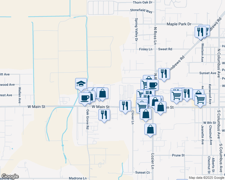 map of restaurants, bars, coffee shops, grocery stores, and more near 2644 West Main Street in Medford