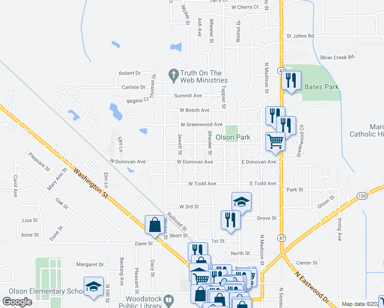 map of restaurants, bars, coffee shops, grocery stores, and more near 1013 Queen Anne Street in Woodstock