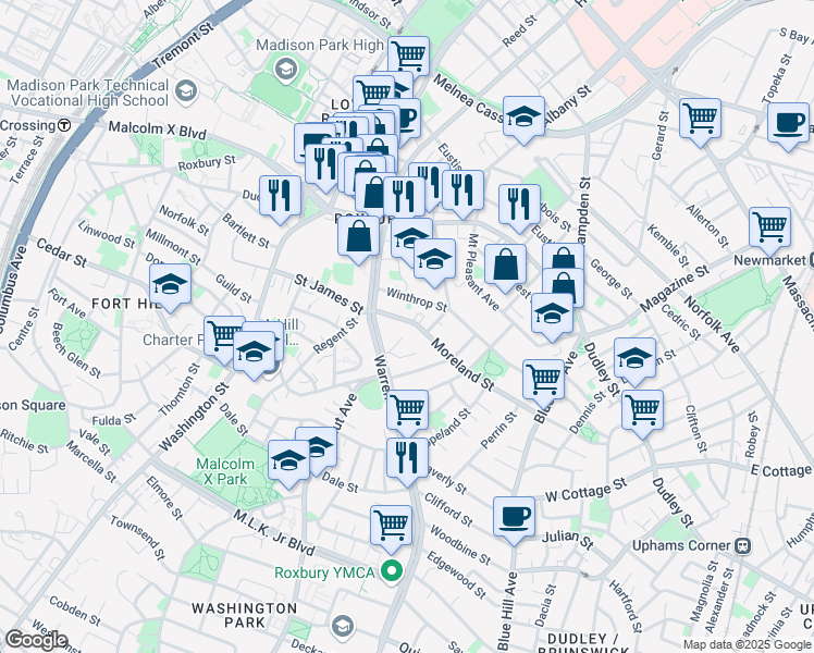 map of restaurants, bars, coffee shops, grocery stores, and more near 23 Moreland Street in Boston