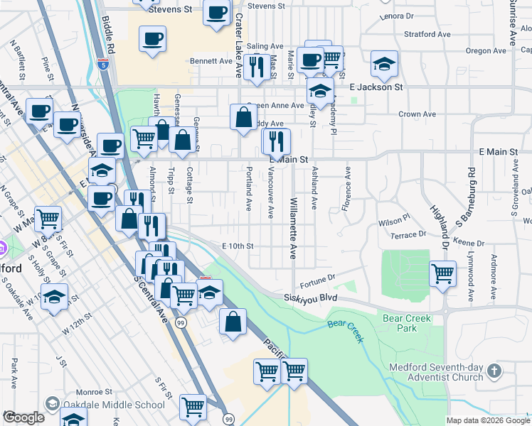 map of restaurants, bars, coffee shops, grocery stores, and more near 124 Vancouver Avenue in Medford