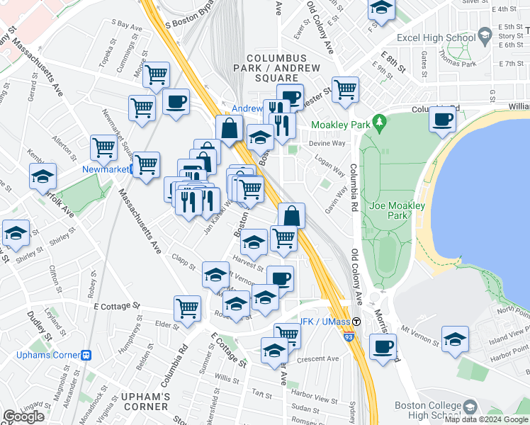 map of restaurants, bars, coffee shops, grocery stores, and more near 26 Washburn Street in Boston
