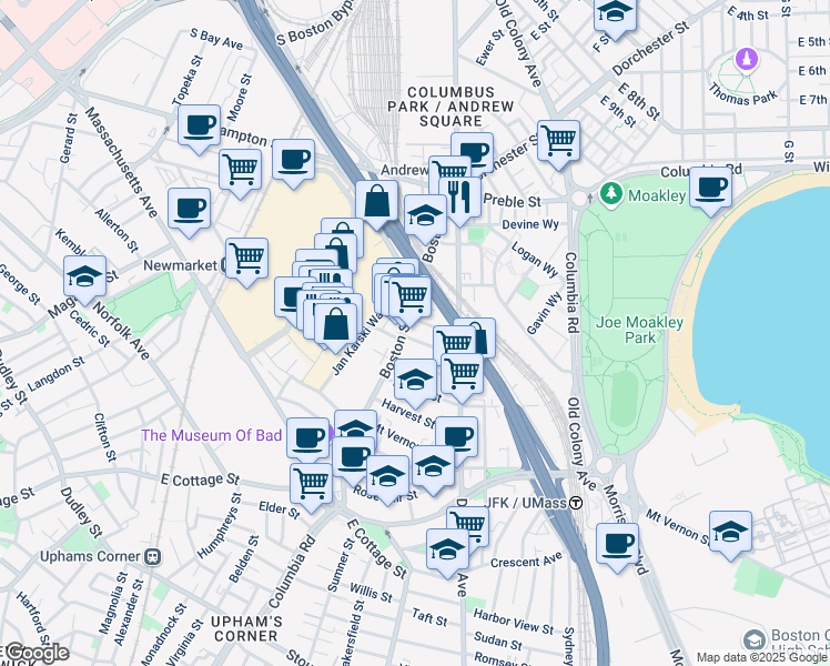 map of restaurants, bars, coffee shops, grocery stores, and more near 26 Washburn Street in Boston