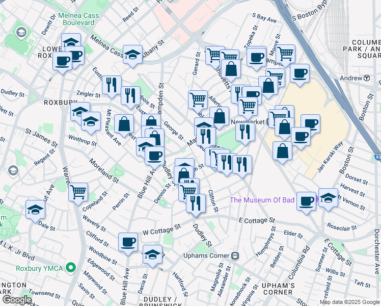 map of restaurants, bars, coffee shops, grocery stores, and more near 44 Woodward Avenue in Boston
