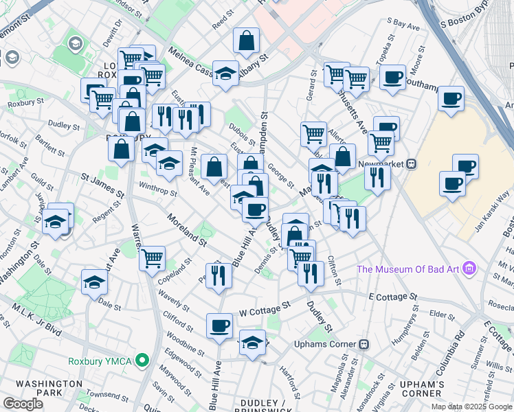 map of restaurants, bars, coffee shops, grocery stores, and more near 140 Mount Pleasant Avenue in Boston