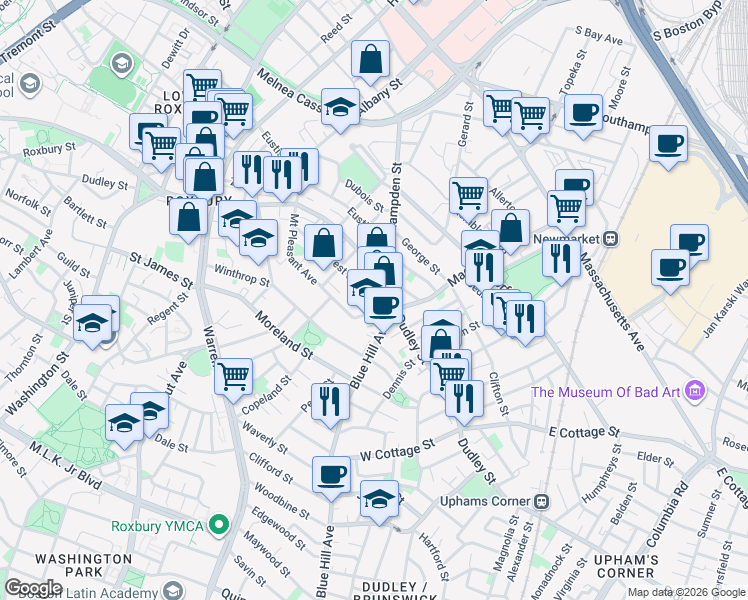 map of restaurants, bars, coffee shops, grocery stores, and more near 140 Mount Pleasant Avenue in Boston