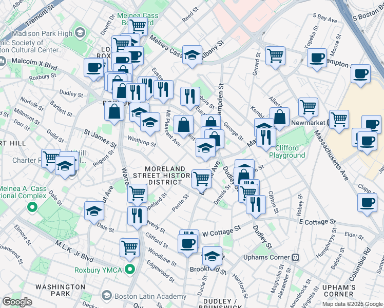 map of restaurants, bars, coffee shops, grocery stores, and more near 98 Mount Pleasant Avenue in Boston