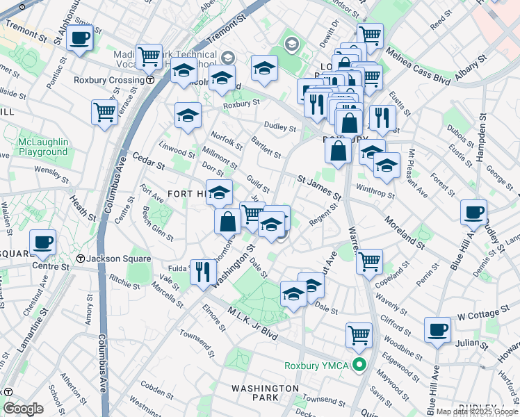 map of restaurants, bars, coffee shops, grocery stores, and more near 2599 Washington Street in Boston